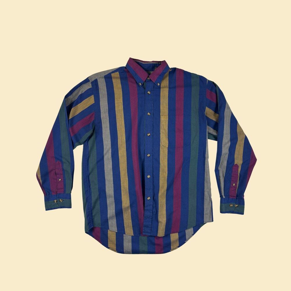 1990s M striped shirt by Stone River, vintage blue & green long sleeve shirt